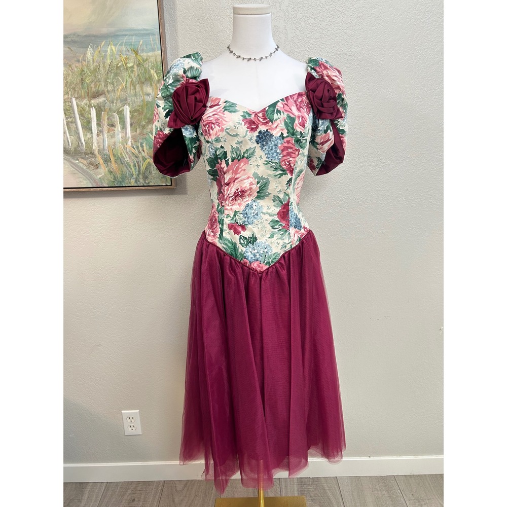 Lizette Creations Vintage 80s Floral Tulle Prom Dress Burgundy Rosette Size 12